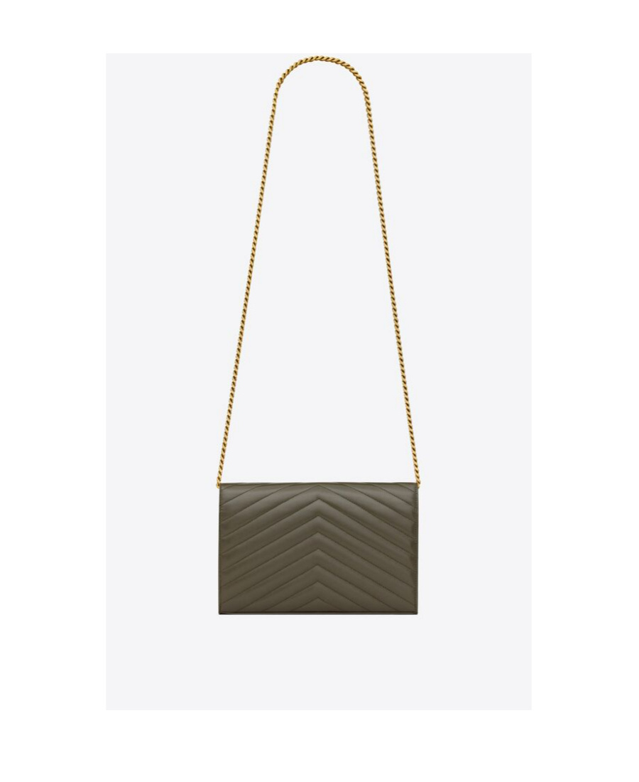 Saint Laurent Cassandre Envelope Leather Chain Wallet In Green