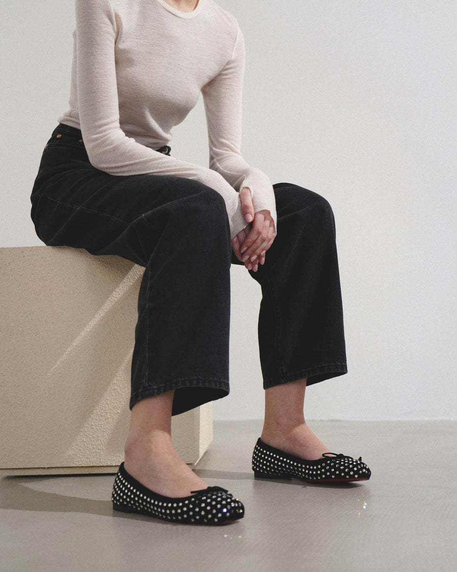 Christian Louboutin Mamadrague Strass Bow Red Sole Ballerina Flats In Black