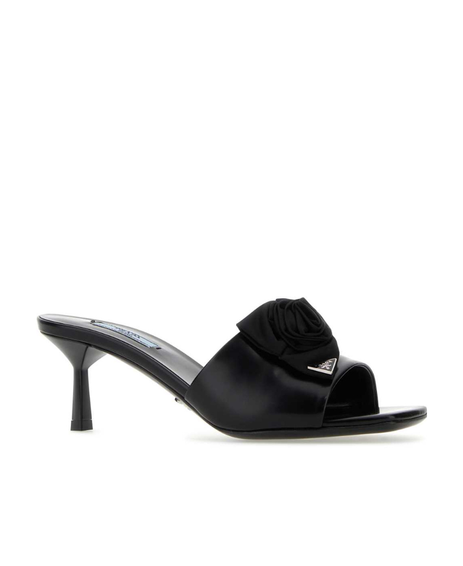 Prada Logo High-heeled Slippers In Black