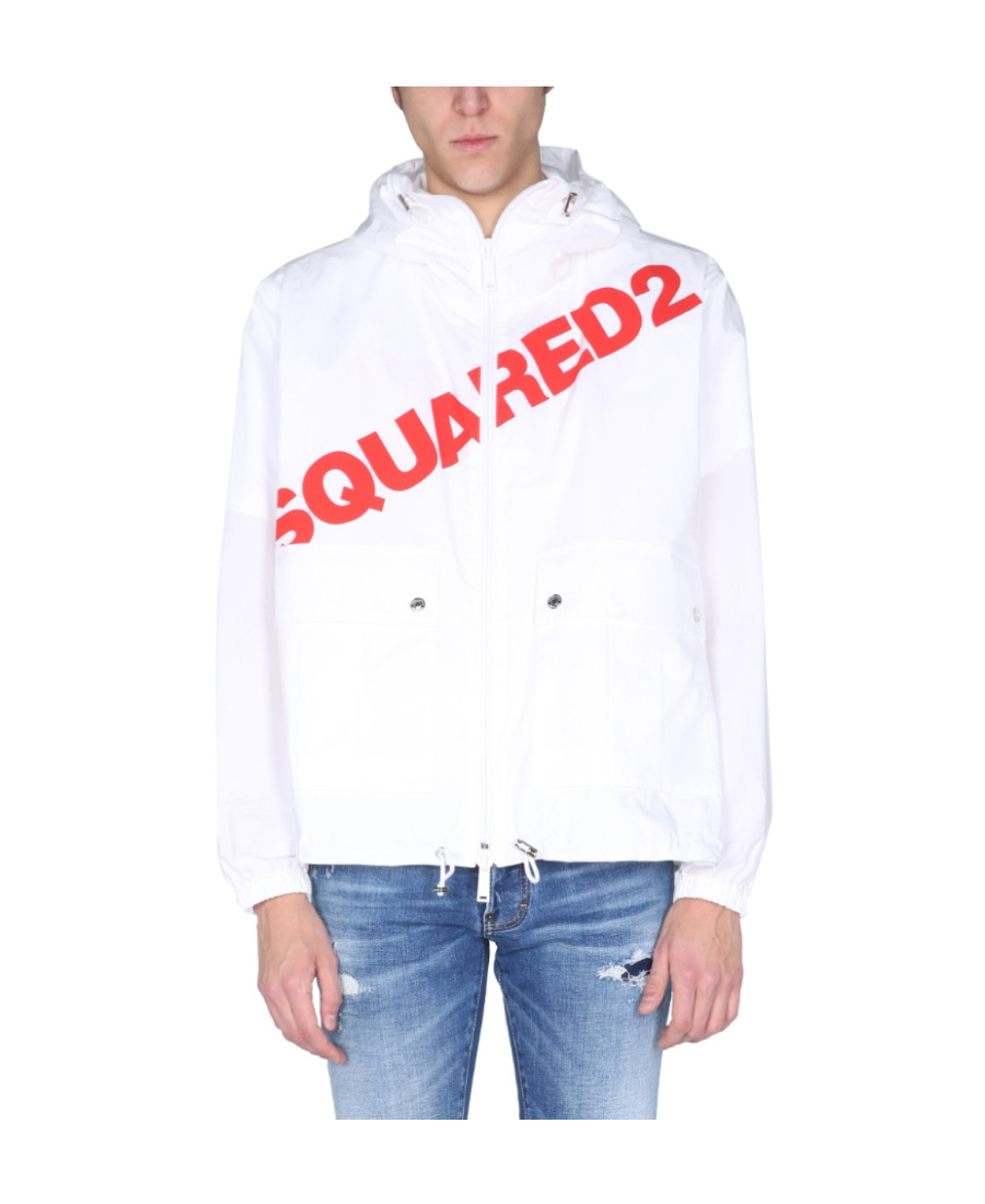 Dsquared2 Hooded High Neck Logo Print Jacket For Men In White