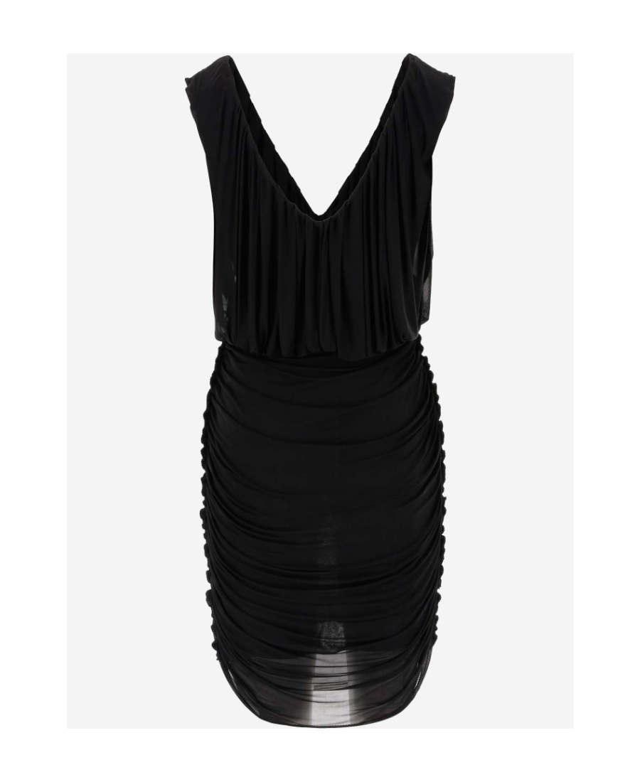 Saint Laurent Ruched V-neck Mini Dress In Black