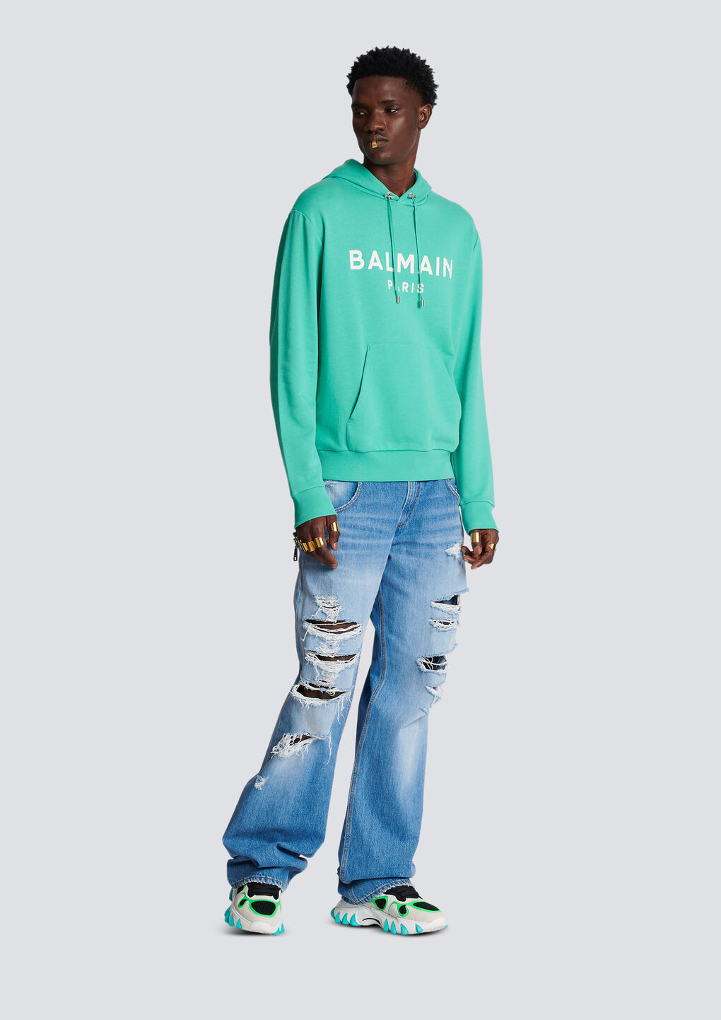 BALMAIN COTTON PRINTED BALMAIN LOGO HOODIE 