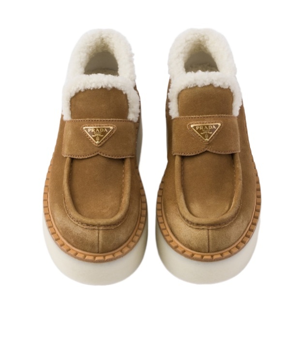 Prada Suede Shearling Flatform Loafers In Cinnamon