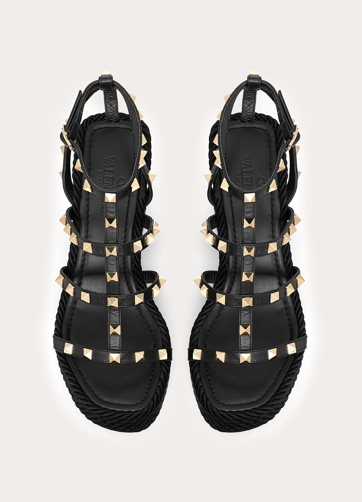 Valentino Rockstud Ankle Strap Wedge Sandal In Calfskin Leather 95 Mm In Black