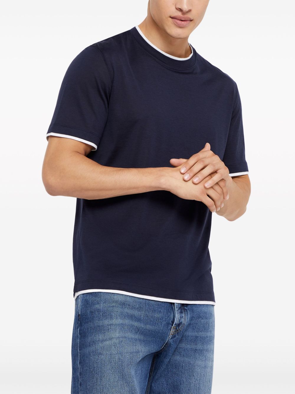 Brunello Cucinelli Men Silk And Cotton Jersey Crew-neck T-shirt With Faux-layering In Black