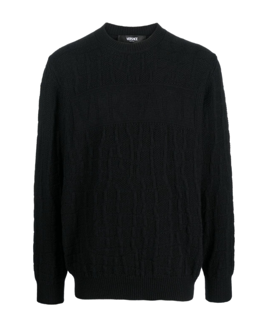 Versace Crocodile-pattern Cable-knit Jumper In Black