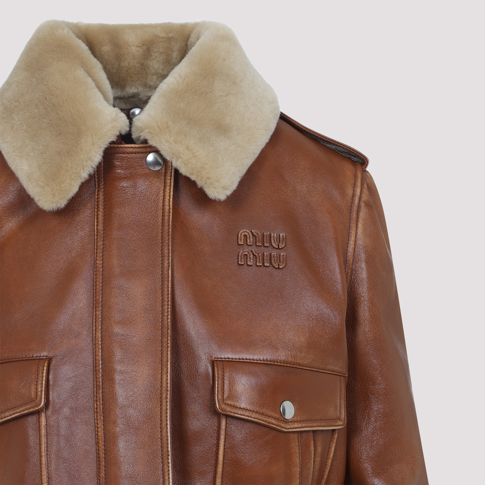Miu Miu Logo-applique Leather Bomber Jacket In Brown