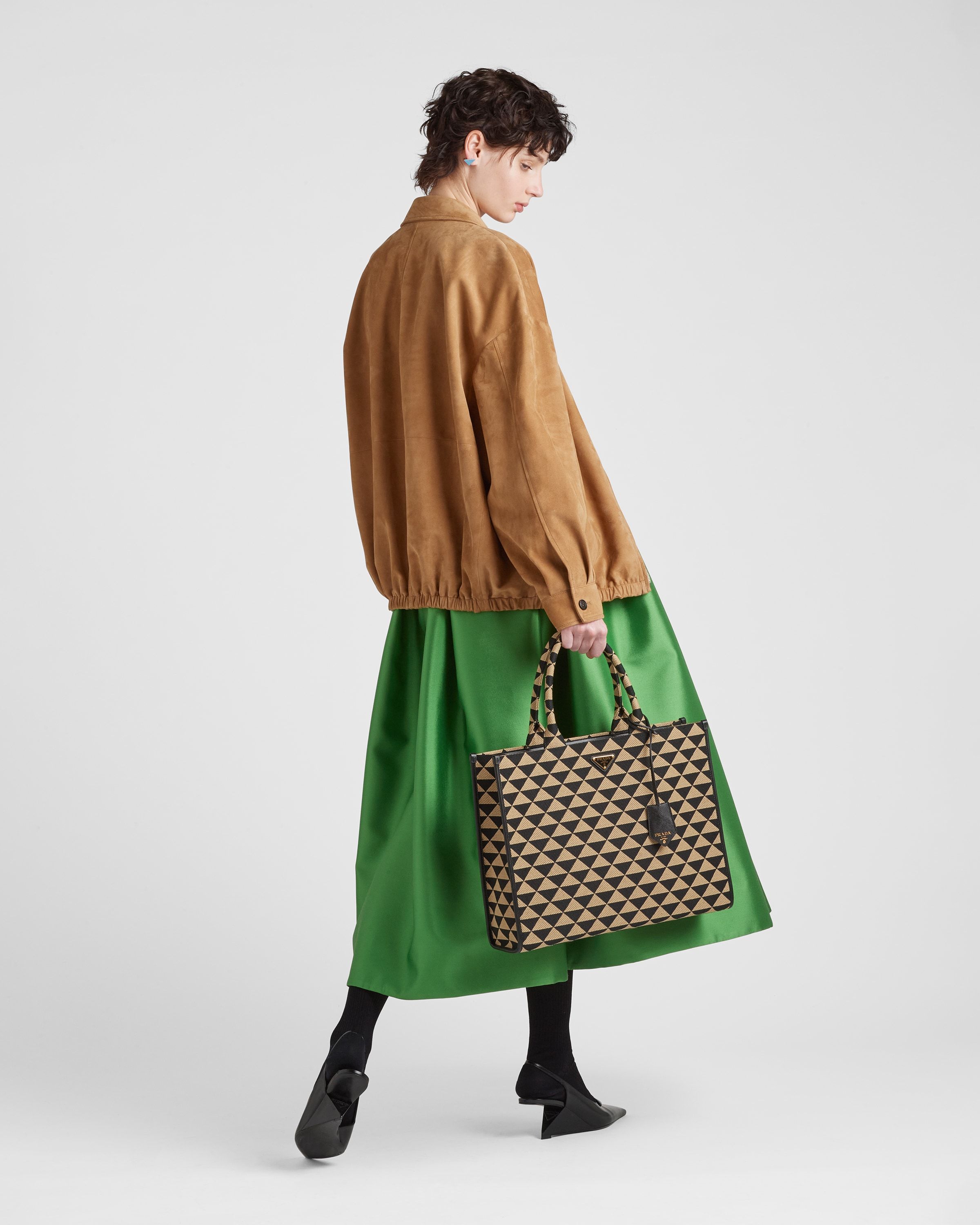 Shop Prada Large Symbole Jacquard Fabric Handbag In Black/beige