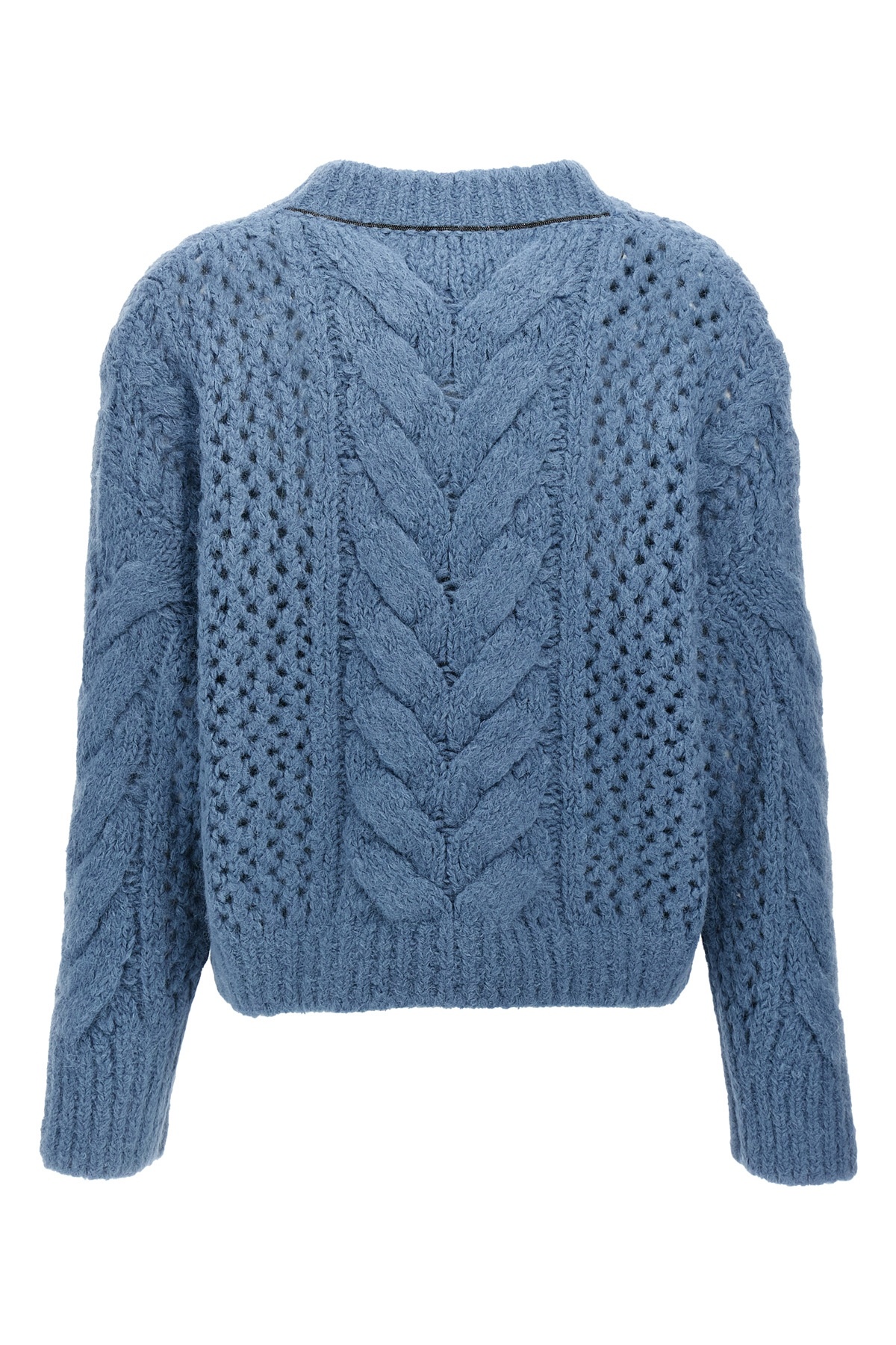 Brunello Cucinelli Alpaca-wool Irish Cable Knit V-neck Sweater In Blue