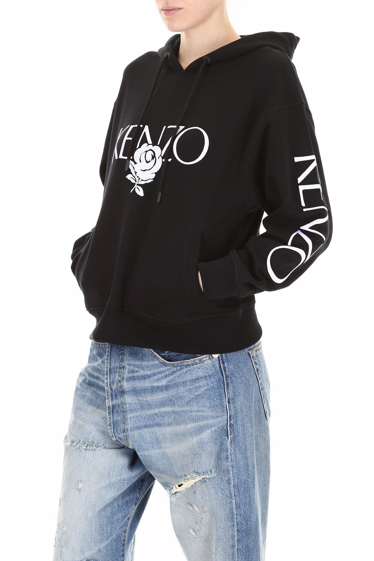 Kenzo Rose Logo Embroidered Hooded Sweater In Black