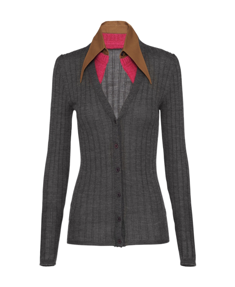 Prada Contrasting Collar Cashmere Cardigan In Gray