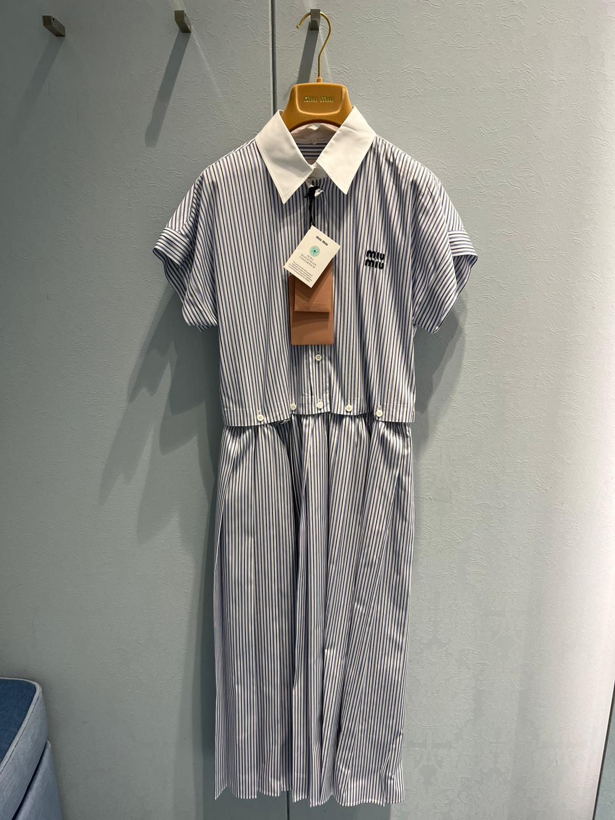 Miu Miu Striped Pleated Poplin Midi Dress