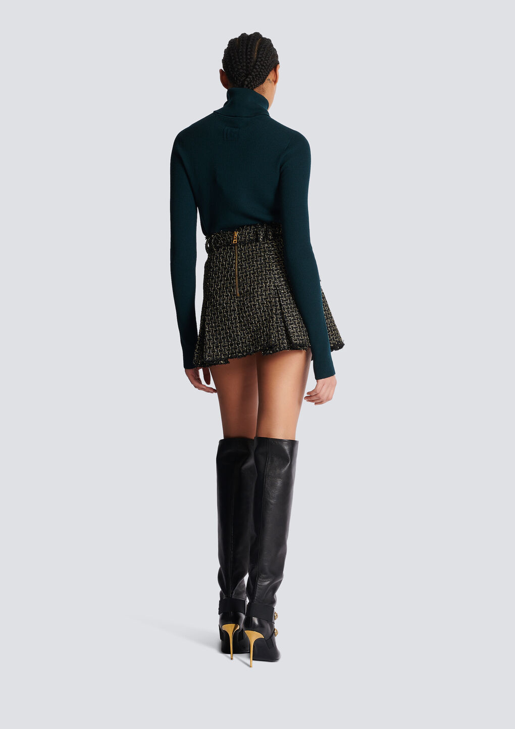 Balmain Button-embellished Pleated Metallic Tweed Mini Skirt In Black