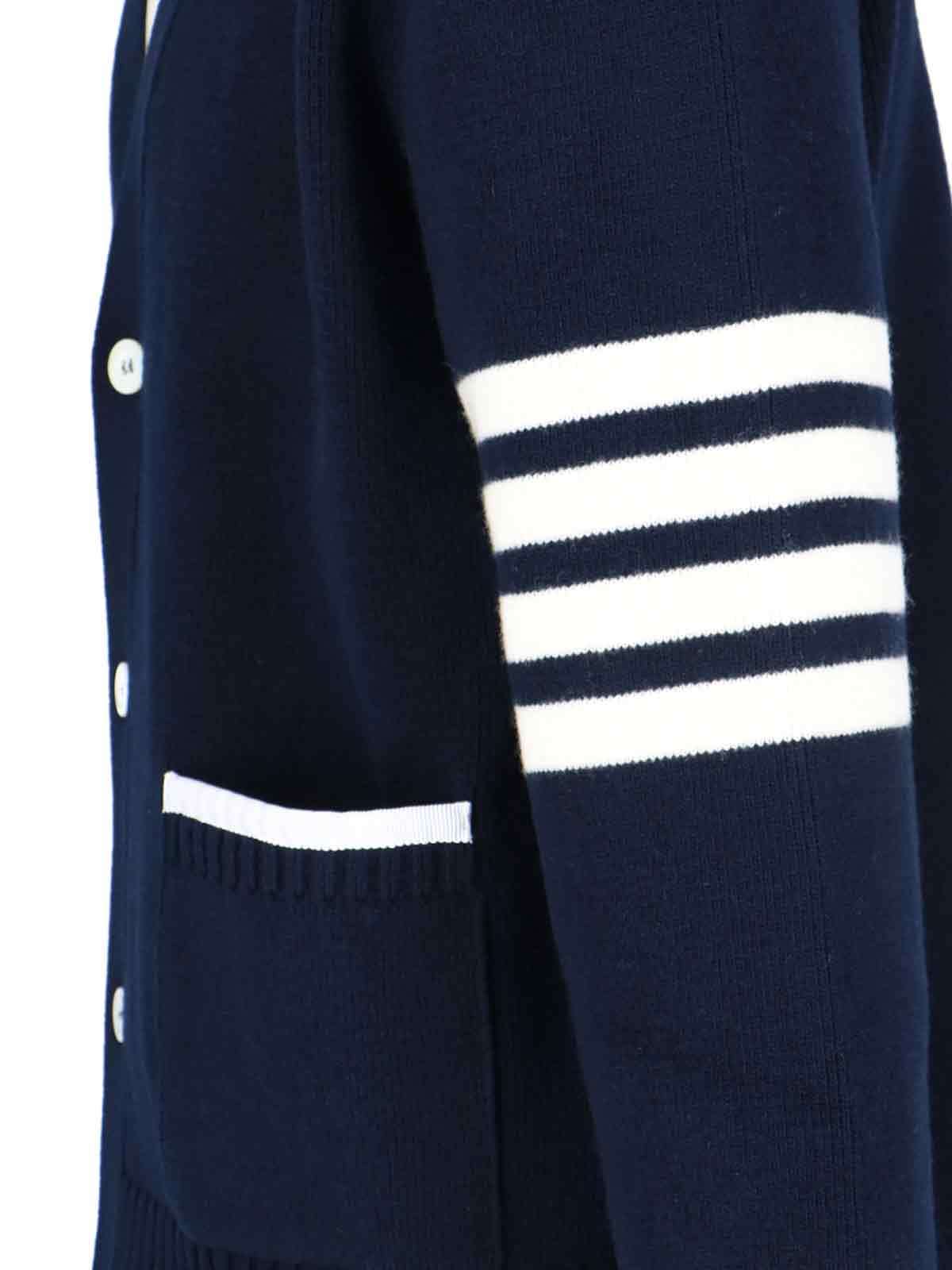 Thom Browne Blue Cardigan With V Neck And Maxi Logo On The Sleeve