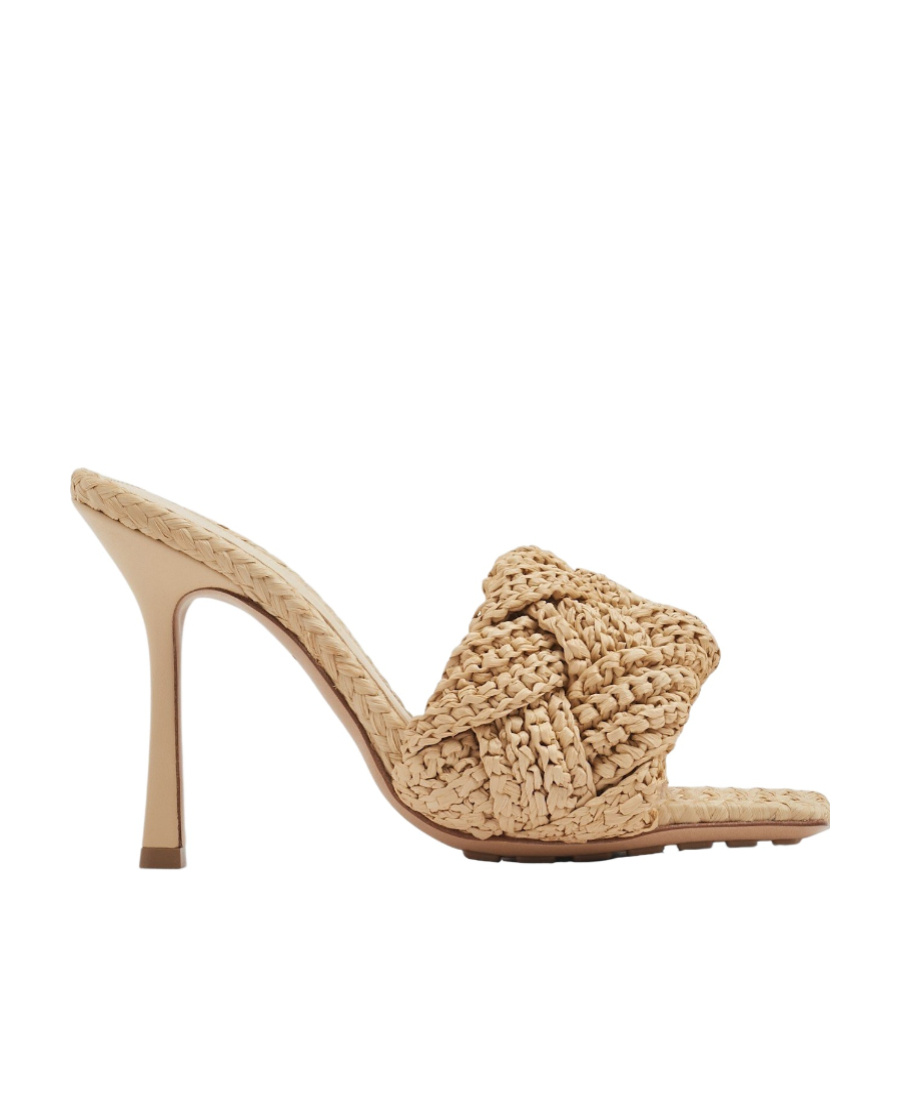 Bottega Veneta Lido 90 Raffia Intrecciato Mule In Beige O Tan