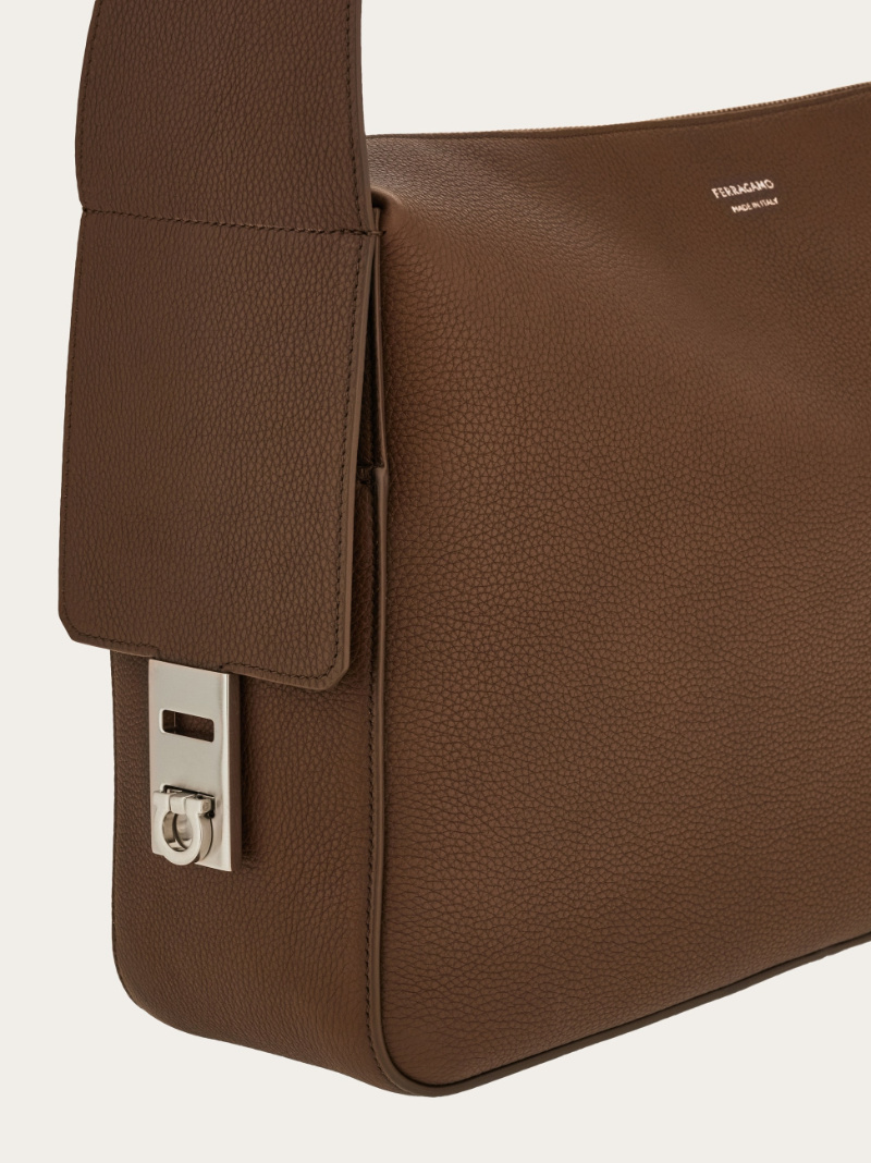 Ferragamo Messenger Bag With Gancini Buckles (m) In Brown