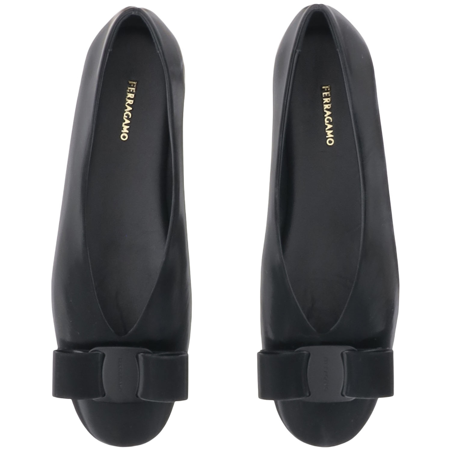 Ferragamo Leather Round Toe Ballerina Shoes With Bow Detail In Black