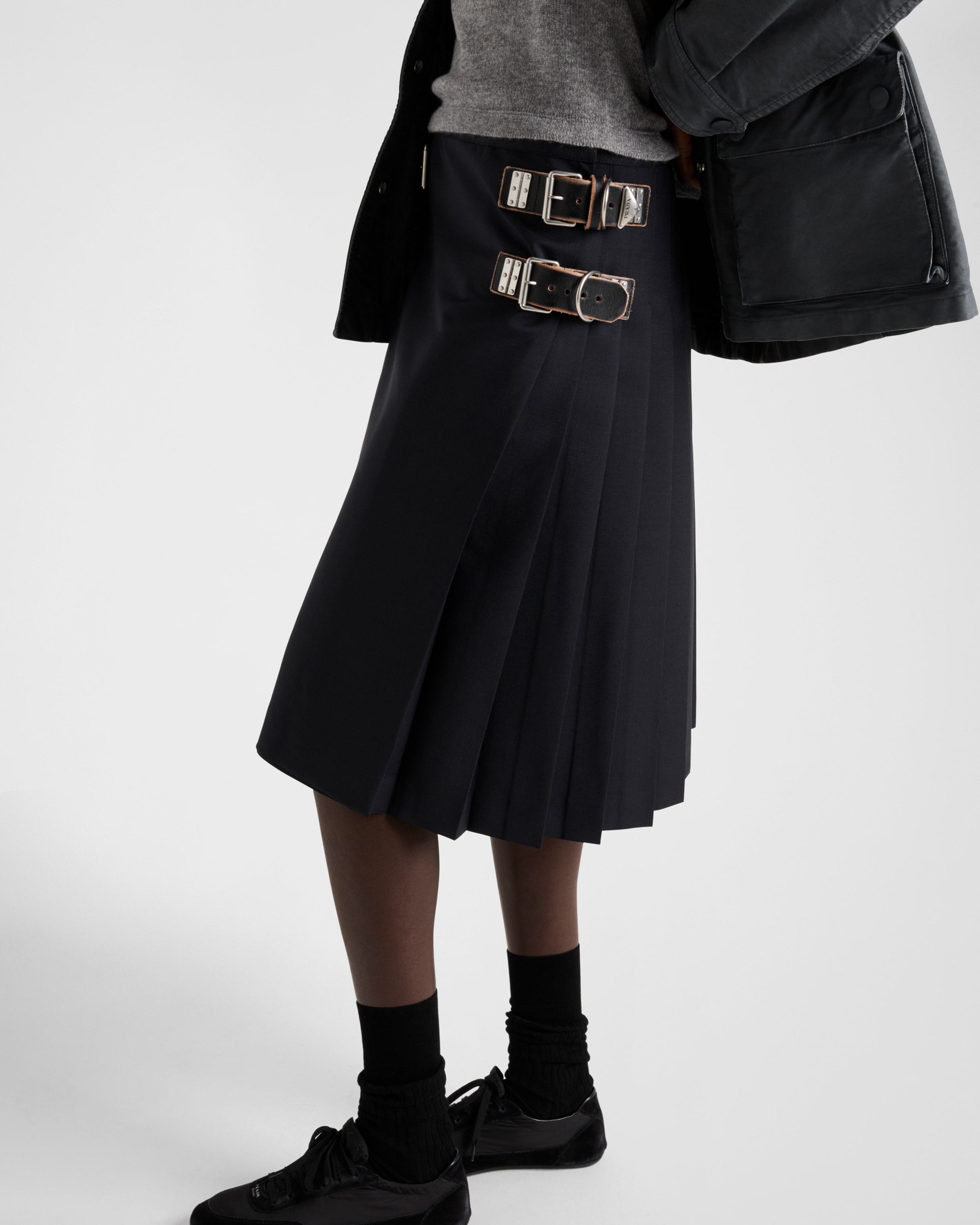 Prada Womens Blue Pleated Buckle-detail Mohair Wool-blend Midi Skirt