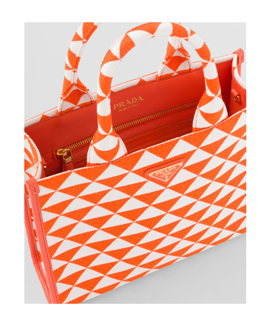 Prada Large Symbole Embroidered Fabric Handbag In Orange/white