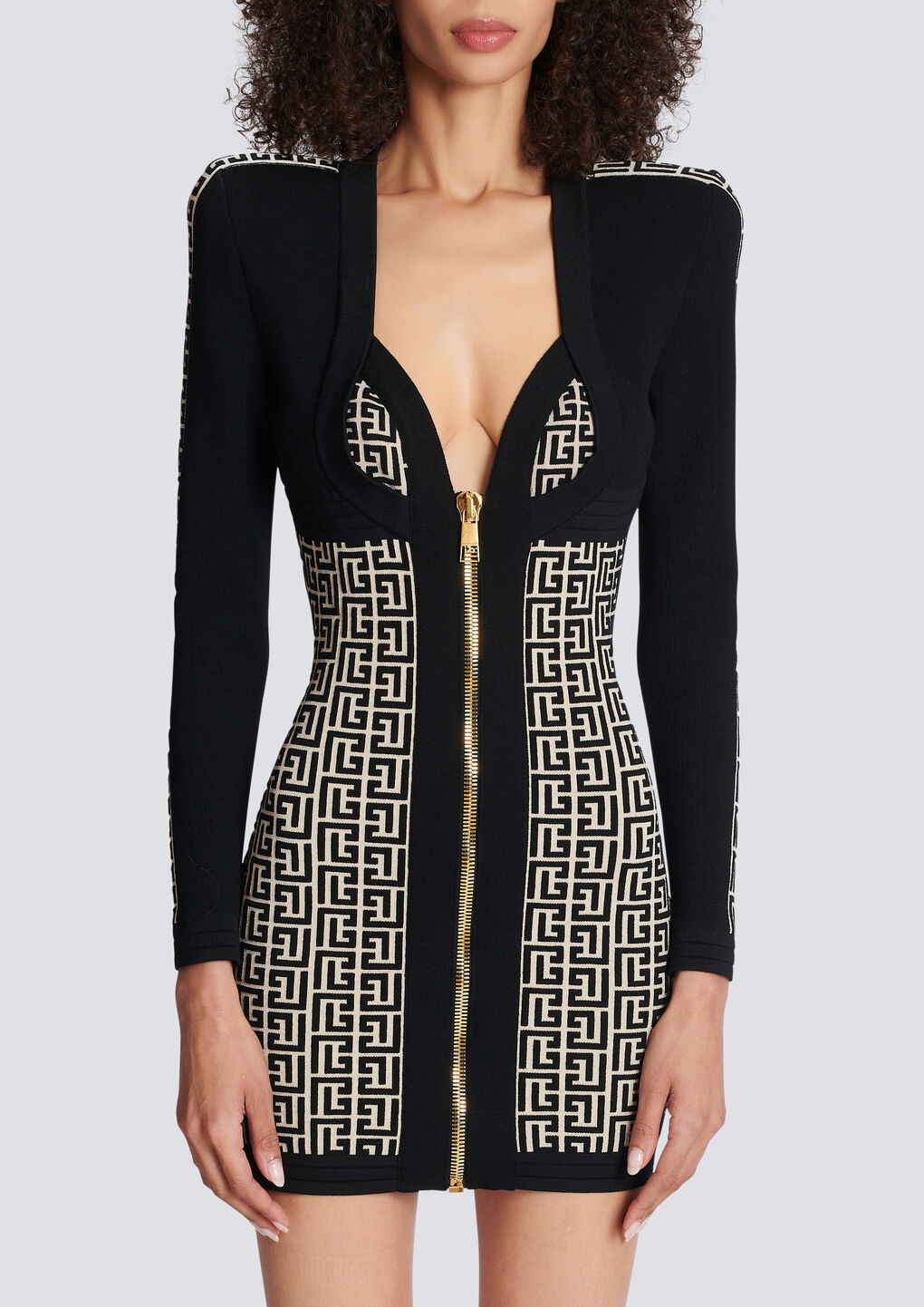 Balmain Black Monogram Minidress With Logo Print All-over In Wool Blend Woman In Black