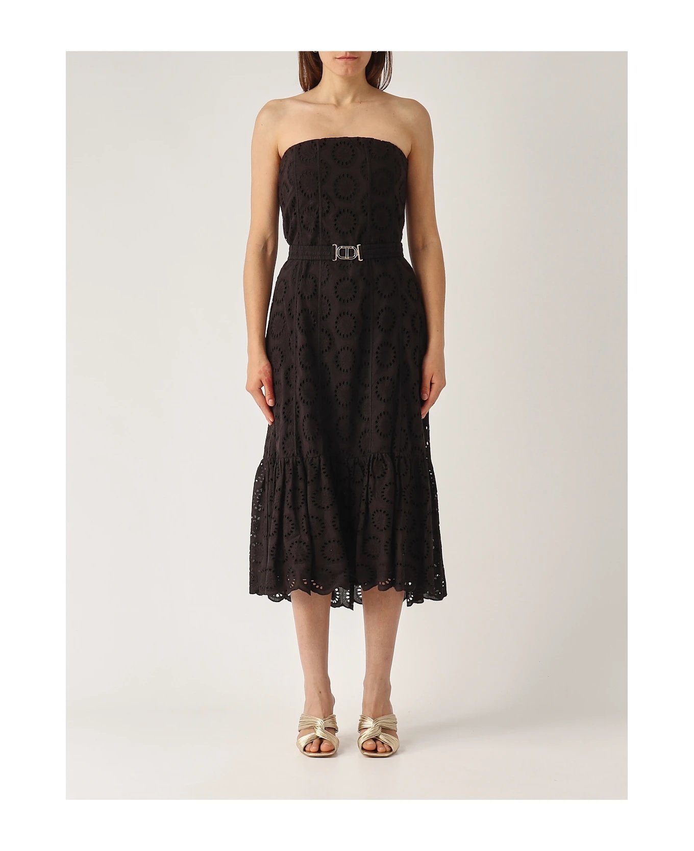 Twinset Black Dress With Removable Straps And Broderie Anglaise In Cotton Woman