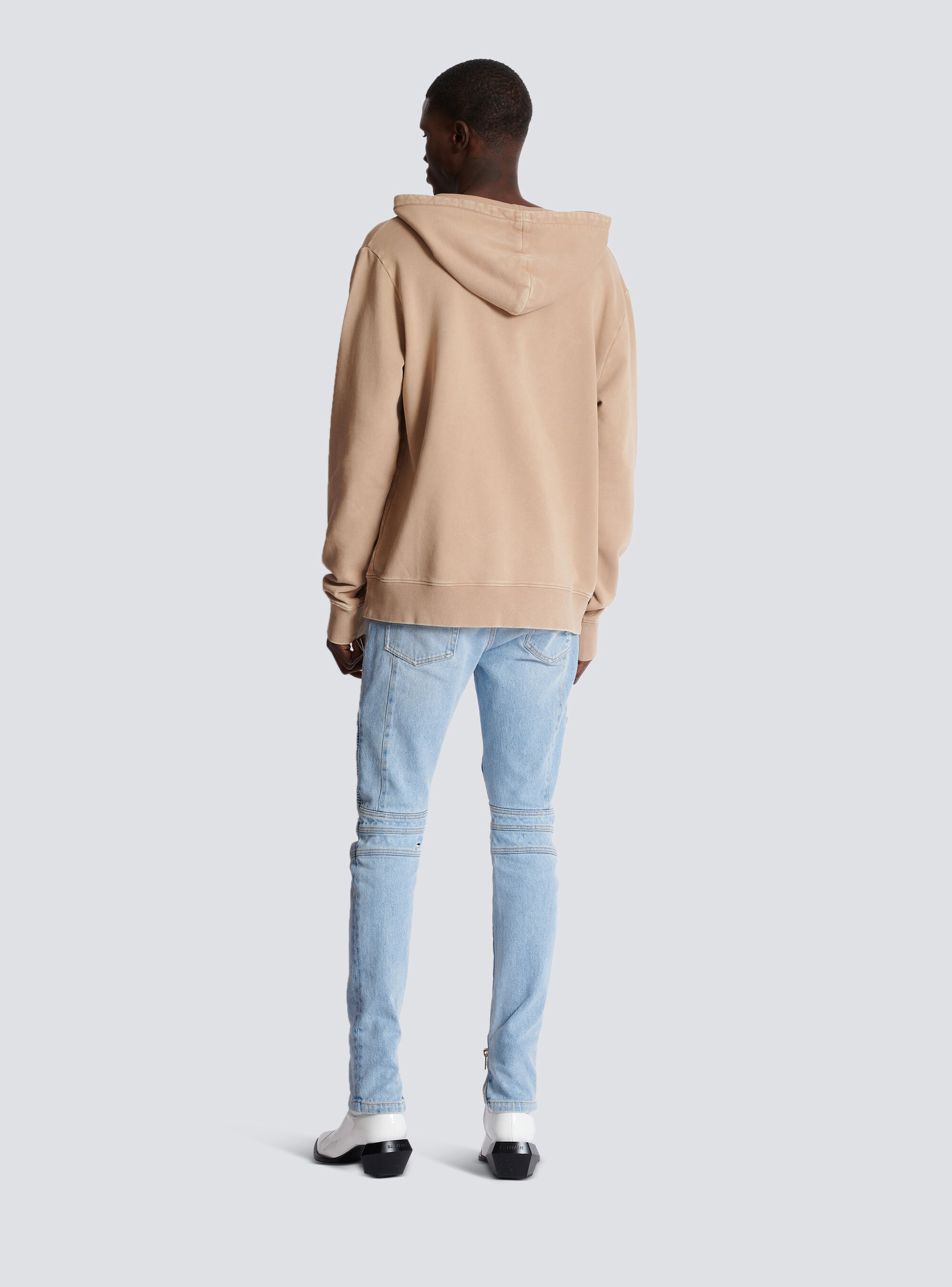 Balmain Logo-embroidered V-neck Cotton Hoodie In Nude