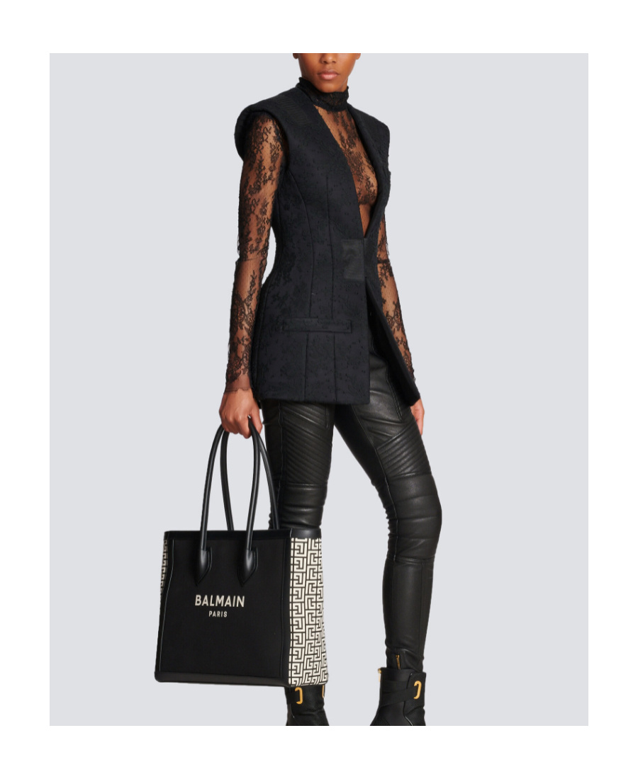 Balmain B-army 42 Canvas Tote Bag With Leather Inserts In Black