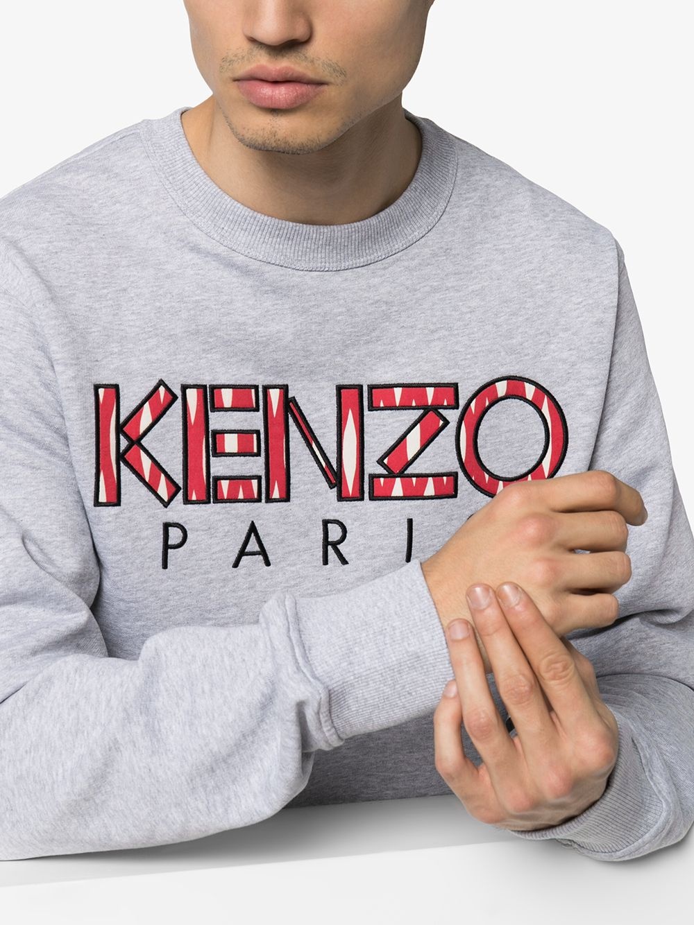 Shop Kenzo Logo Embroidered Round Neck Sweater In White