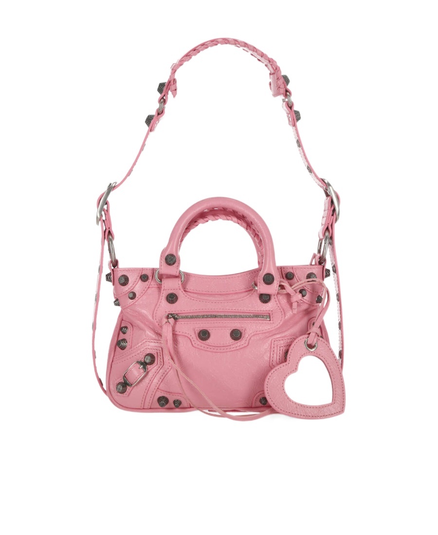 Balenciaga Green Leather Shoulder Handbag With Magnetic Closure And Metal Details In Pink