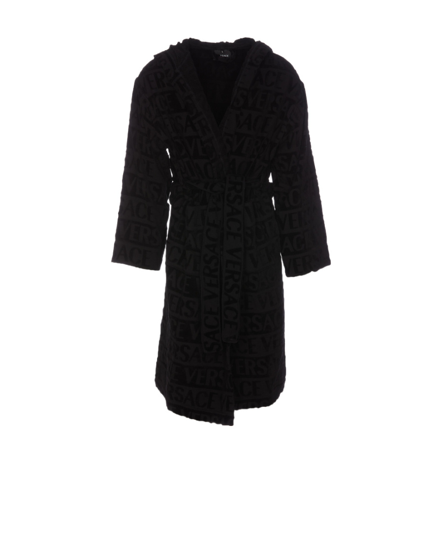 Versace Logo Towelling Belted Robe In Black