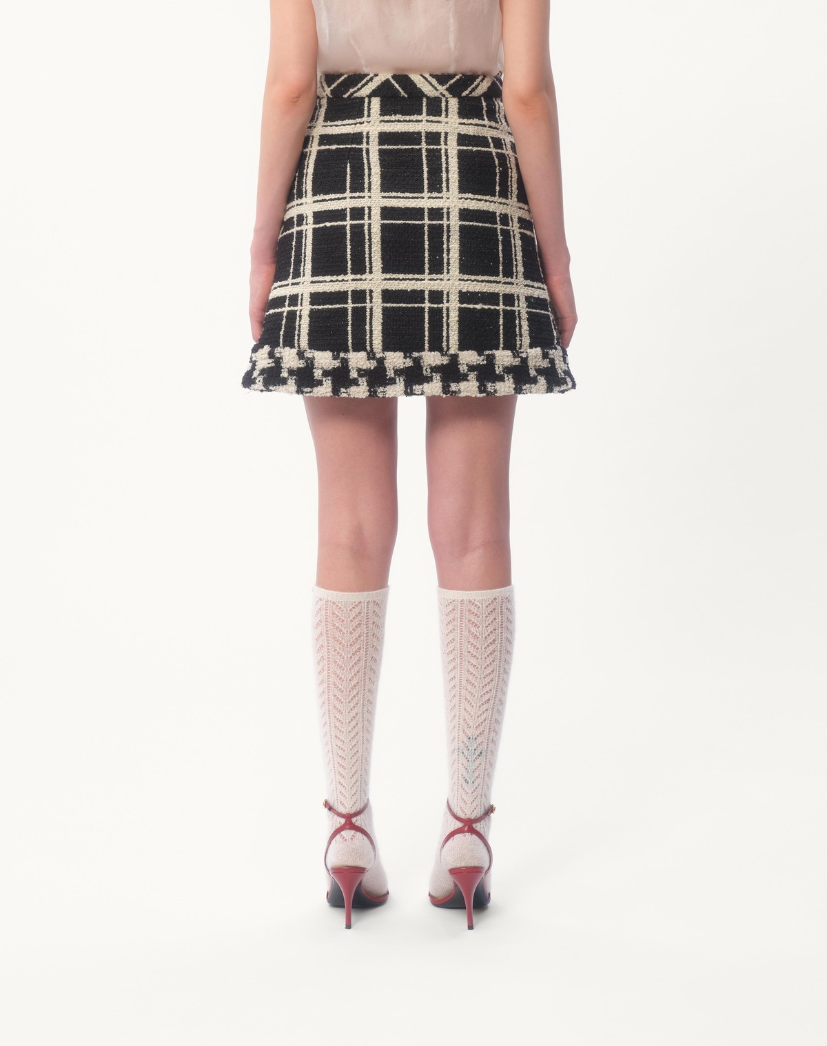 Valentino Womens Nero Avorio Tweed Check-print Wool-blend Mini Skirt In Black