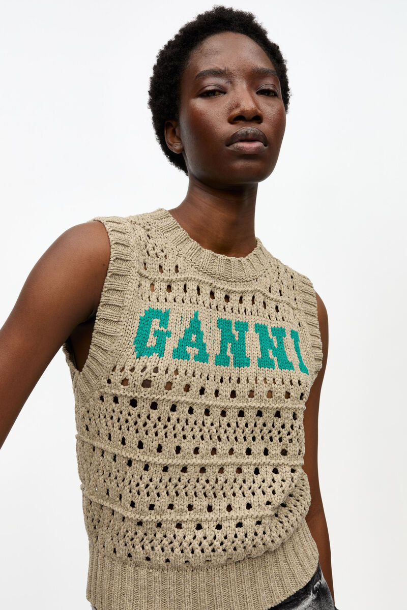 Ganni Perforated Vest With Logo Inlay In Nude