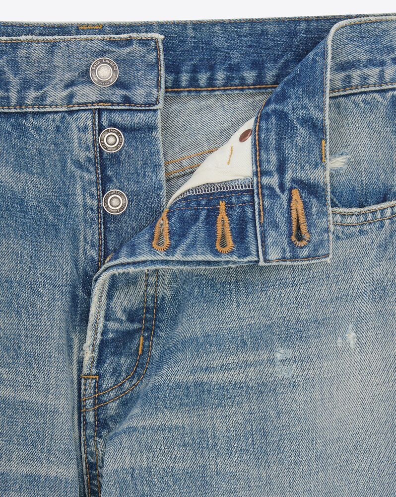 Saint Laurent Stonewashed Distressed Straight Jeans In Blue