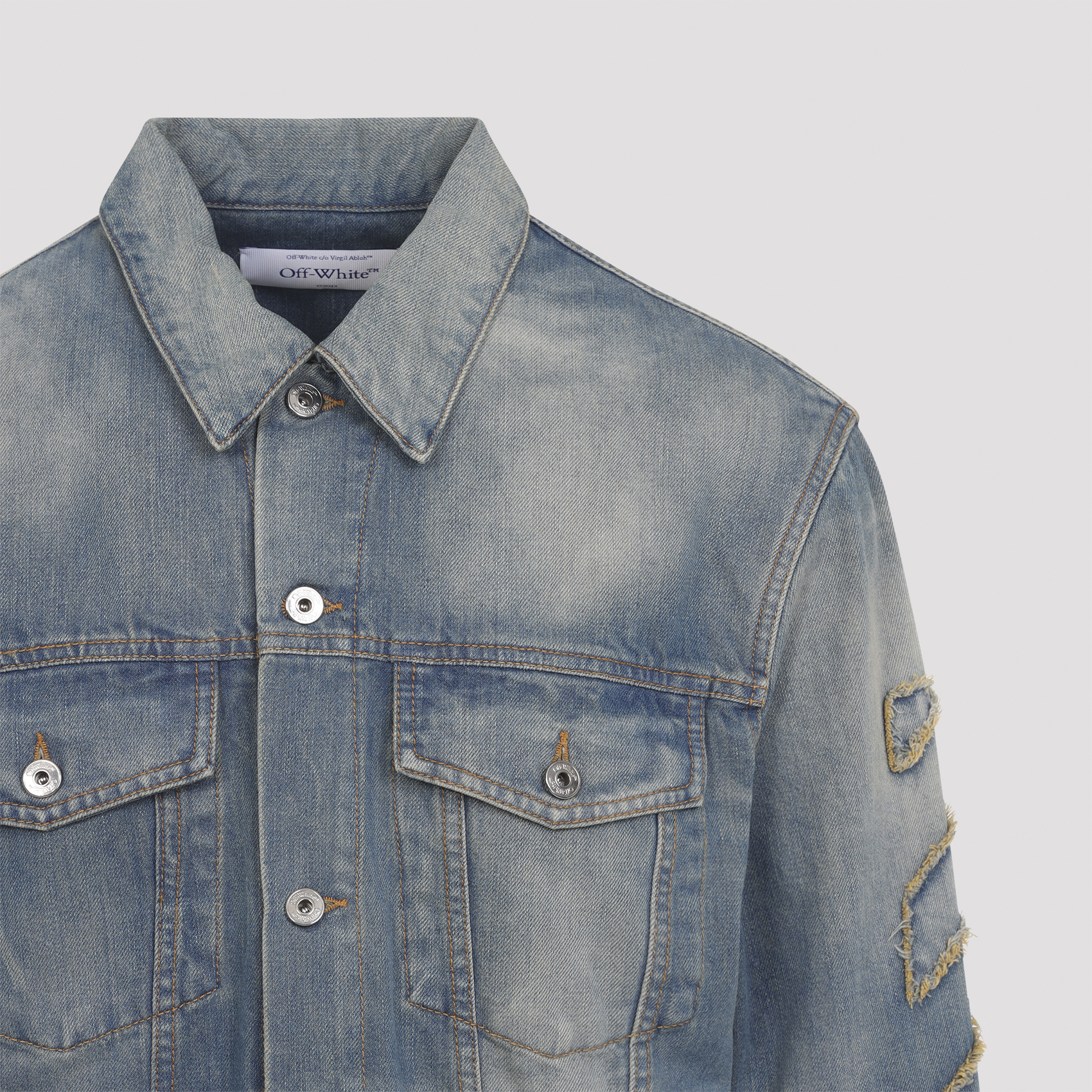 Off-white Denim Jacket With Frayed Diagonal Stripes In Blue