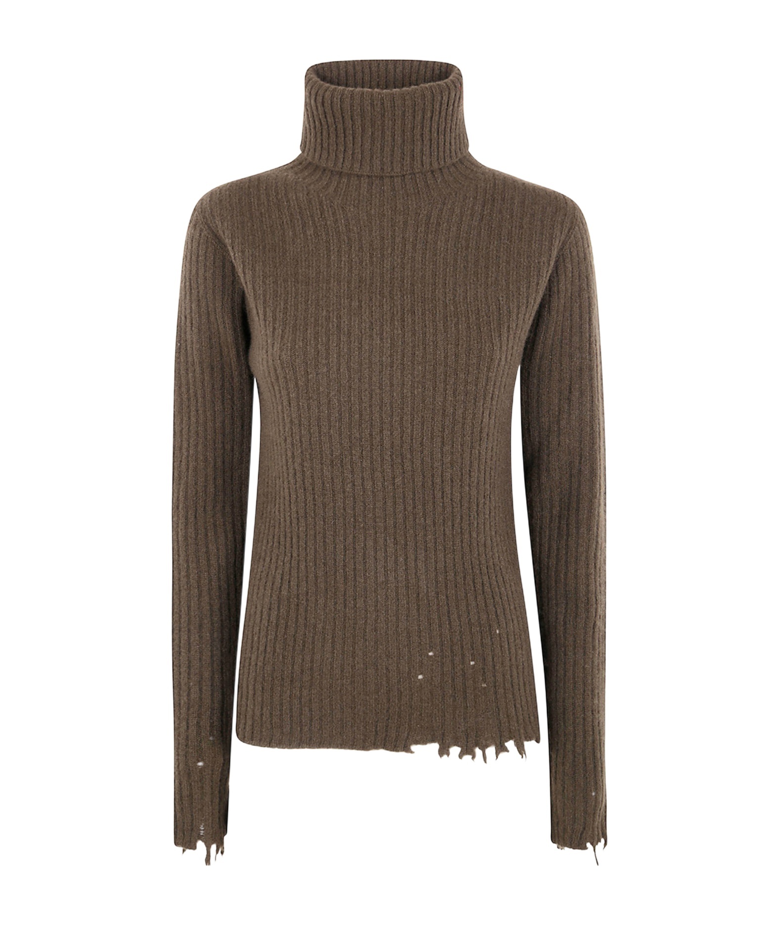 Uma Wang Ribbed Turtleneck Top Distressed Hem In Green