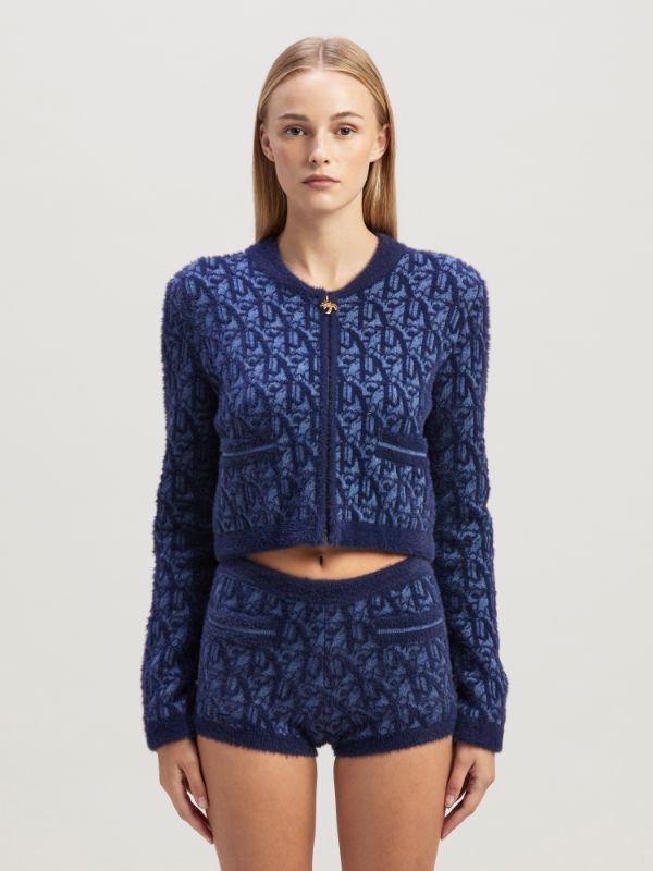Palm Angels Round-collar And Long-sleeved Knitted Cardigan In Blue