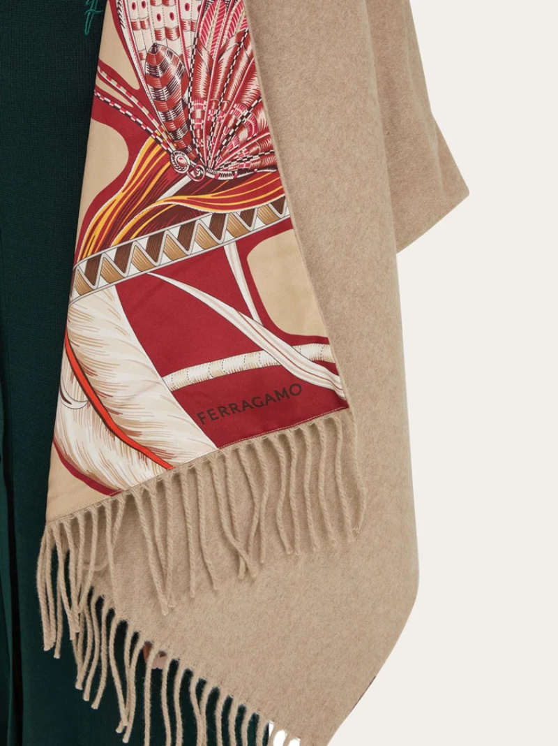 Ferragamo Cashmere And Giada Print Silk Reversible Cape In Brown