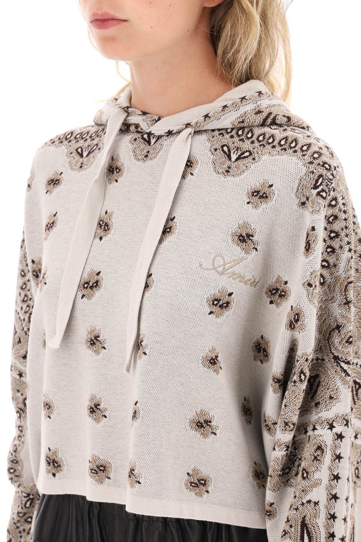 Amiri Knitted Cropped Hoodie With Bandana Motif In Nude