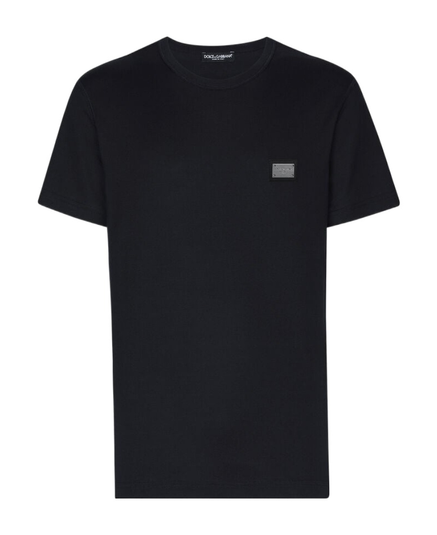 Dolce & Gabbana Cotton T-shirt With Metal Plaque Featuring Front Logo In Black