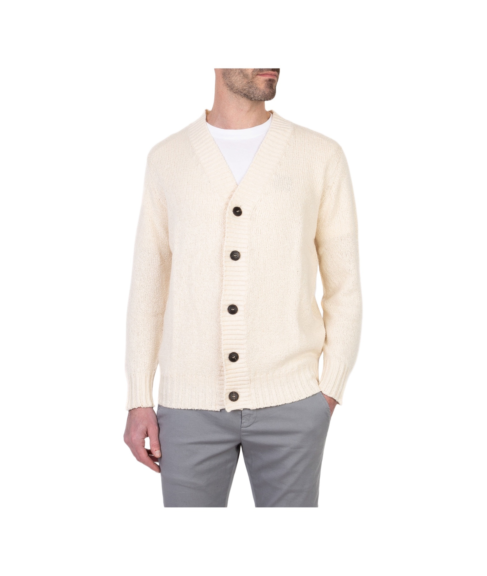 Drumohr Man Cardigan Cream Size 40 Lambswool In White