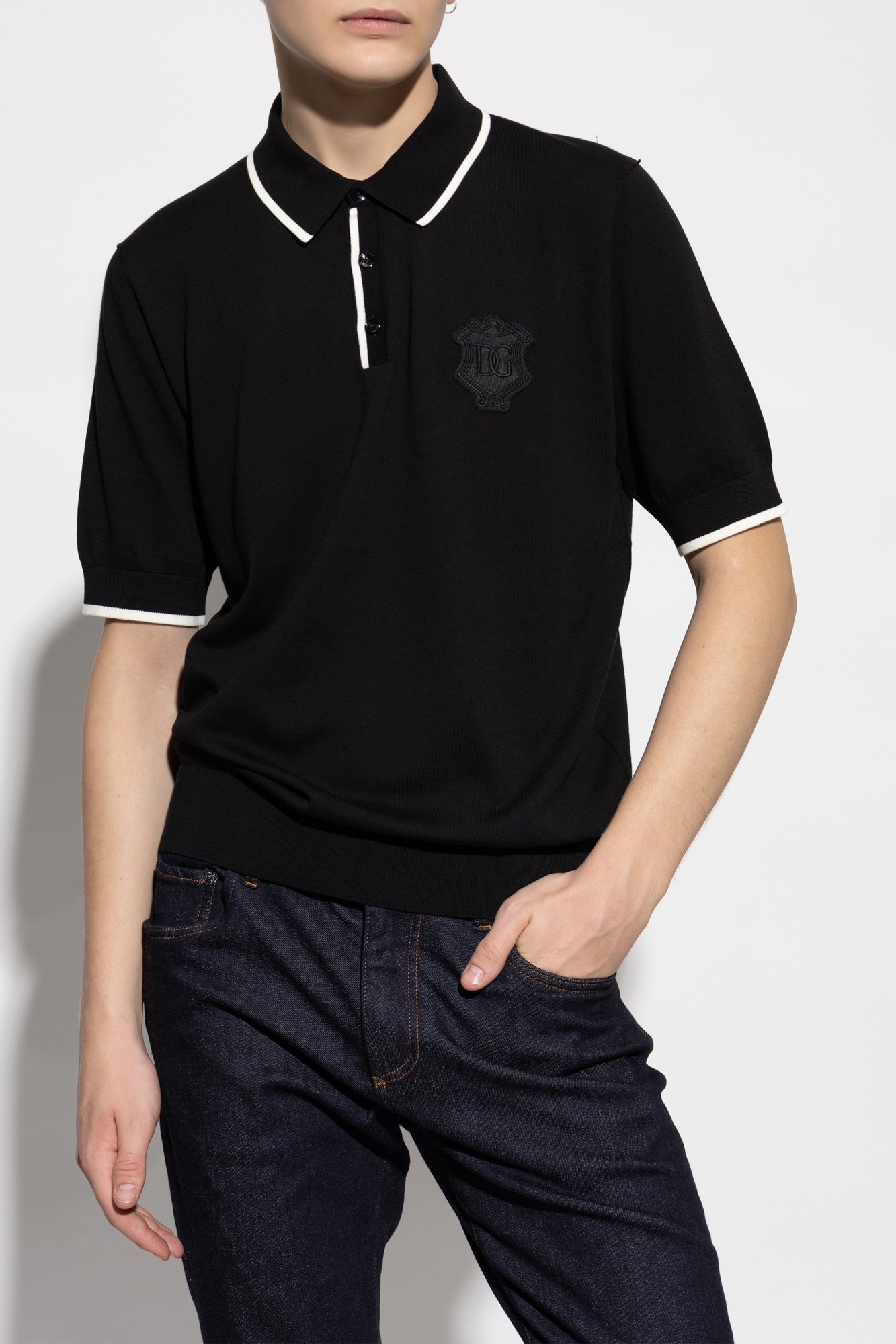Dolce & Gabbana Heraldic Dg Logo Patch Polo T-shirt In Black