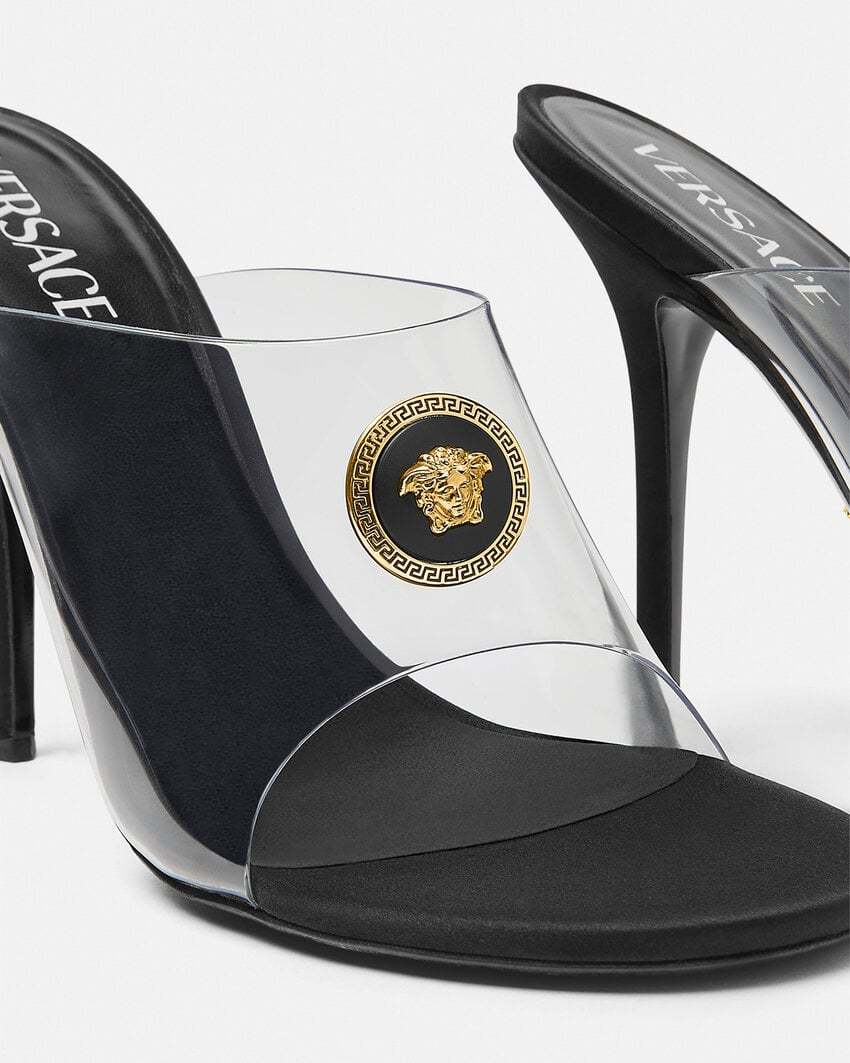 Versace Medusa Clear Stiletto Mule Sandals In White