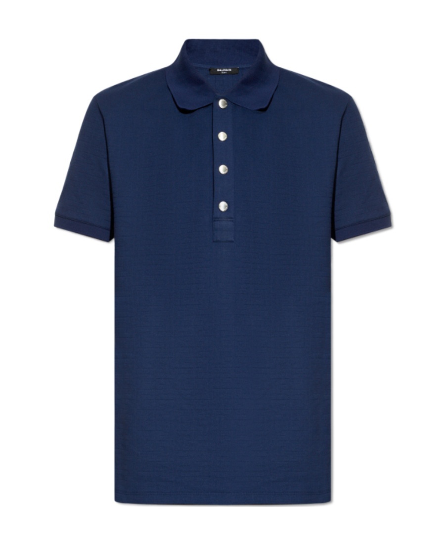 Balmain Monogram-jacquard Cotton Polo Shirt In Blue