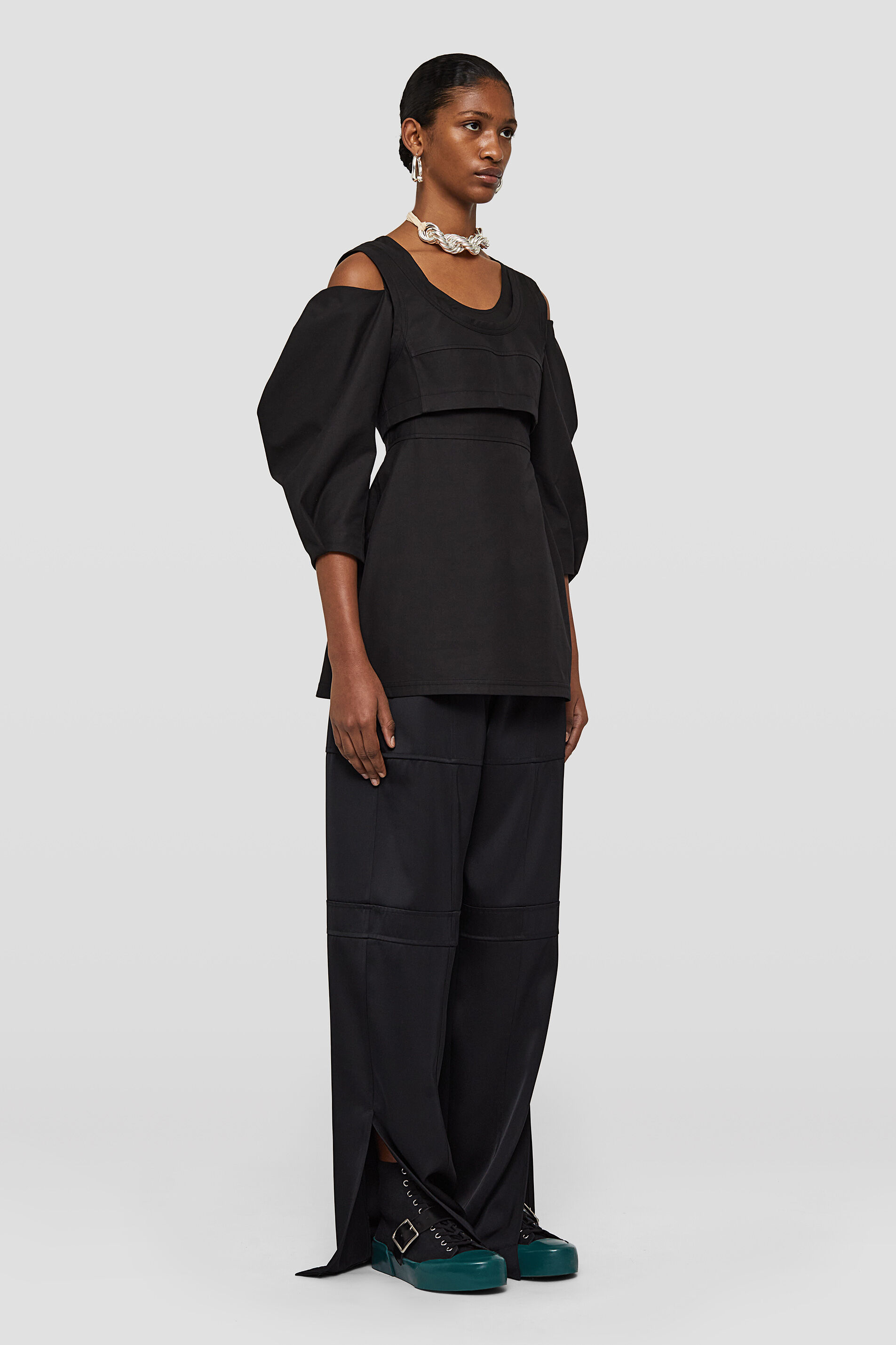 Jil Sander Gathered Cold-shoulder Top With Puff Sleeves In Black