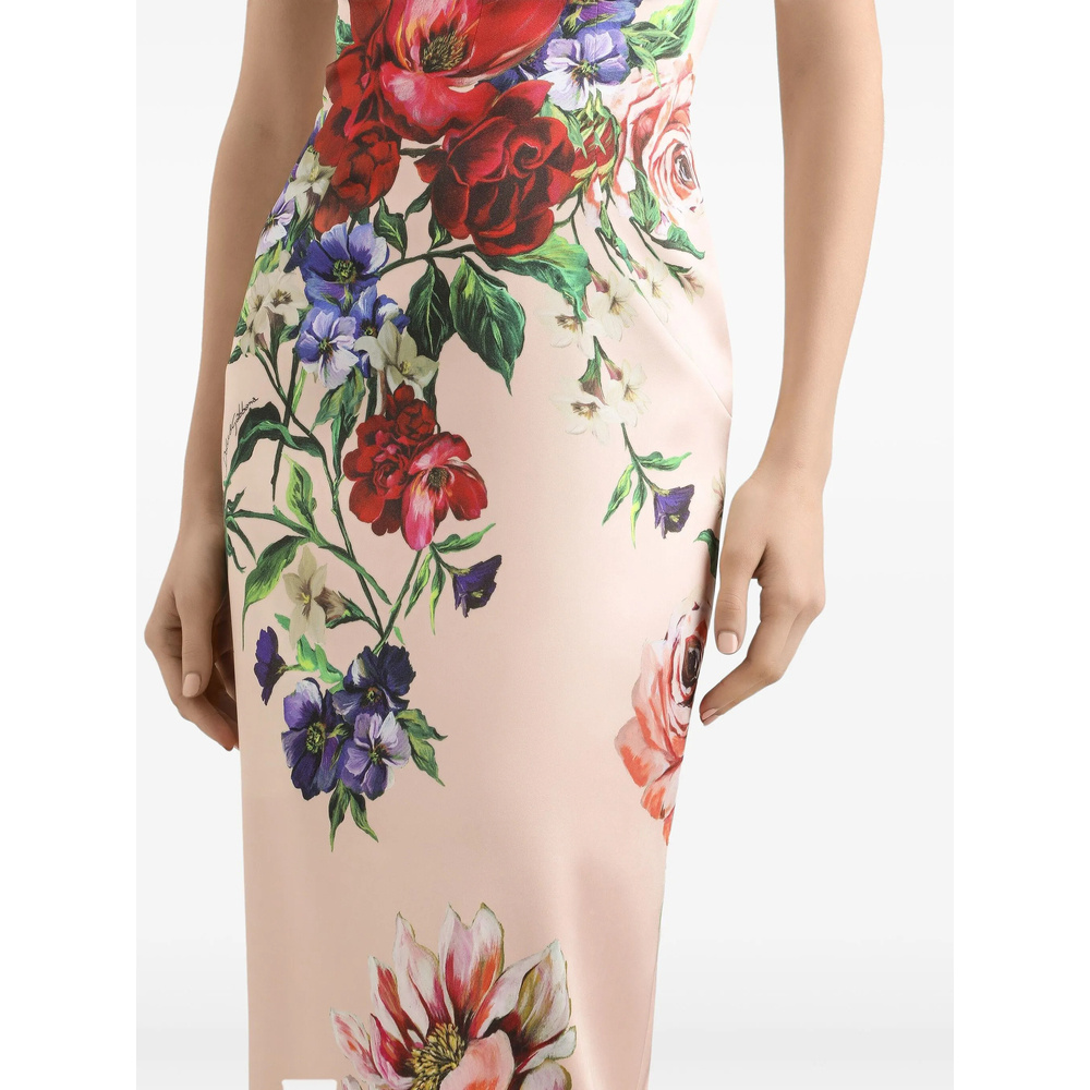 Dolce & Gabbana Satin Calf-length Sheath Dress With Floral Print In Nude