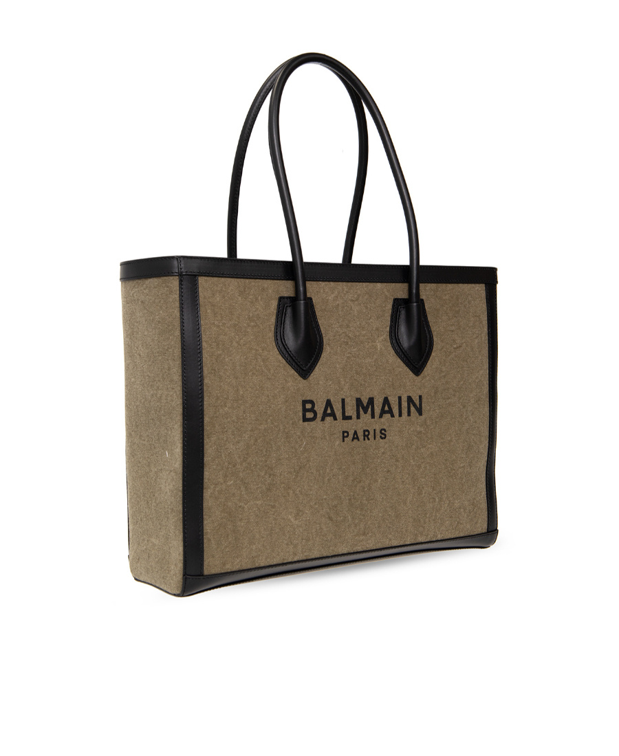 Balmain Canvas B-army 42 Tote With Leather Panels In Brown