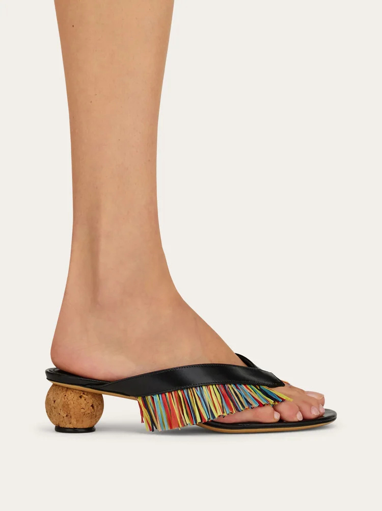 Ferragamo Fringed Thong Sandal In Black