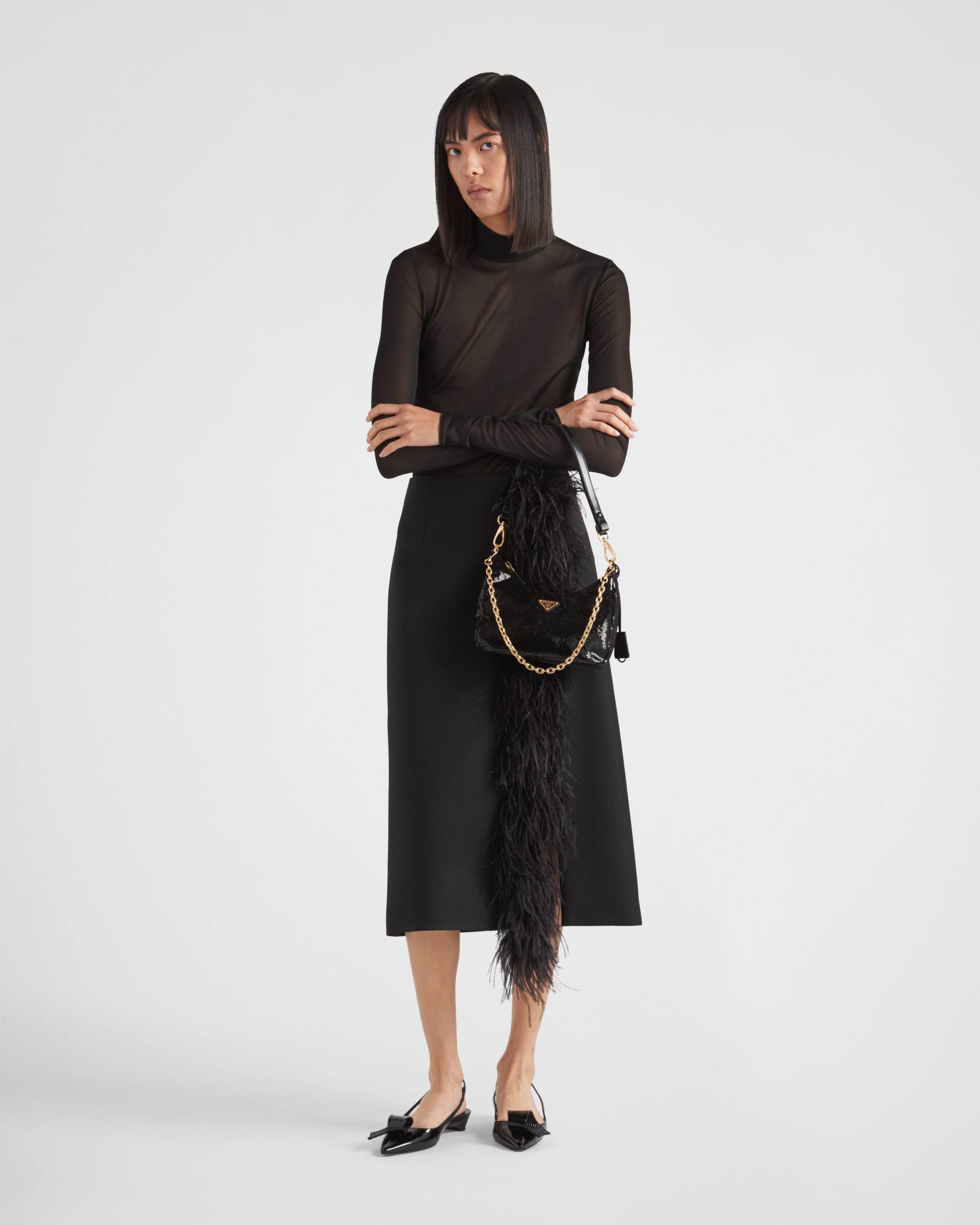 Prada Feather-trimmed Wool Midi-skirt In Black