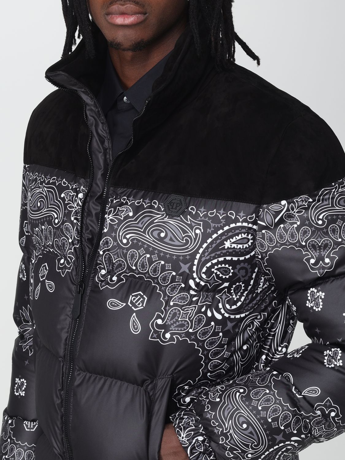 Philipp Plein Nylon And Suede Down Jacket Paisley Bandana In Black