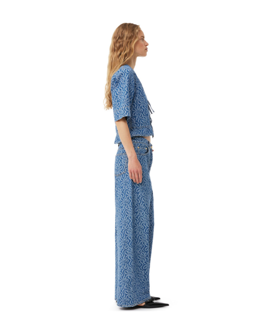 Ganni Tie-detailed Jacquard-denim Peplum Top In Blue